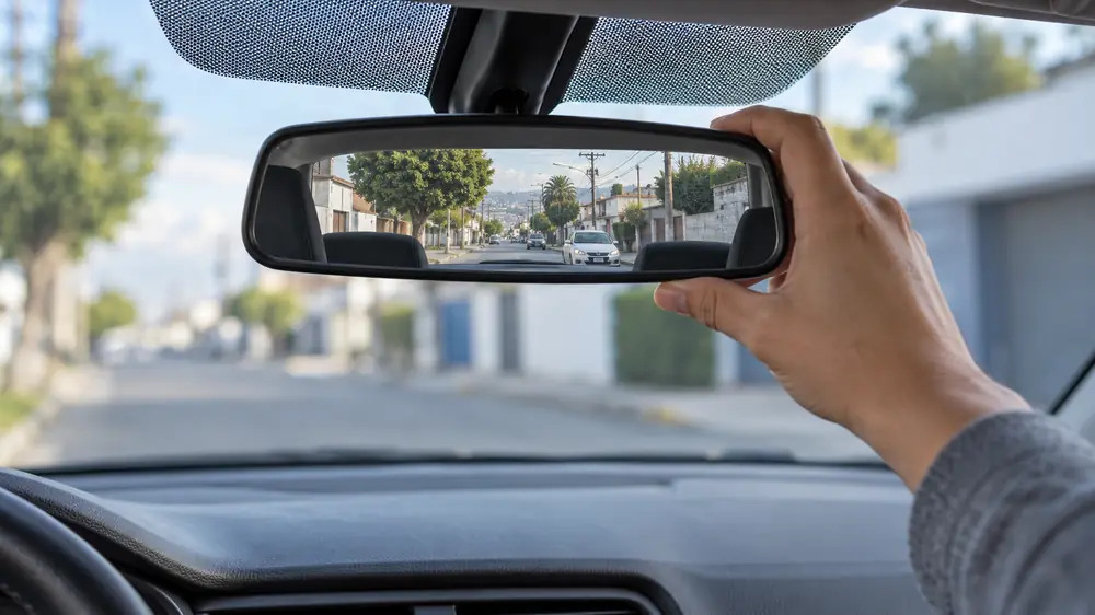 Mano ajustando el espejo retrovisor de un auto de práctica