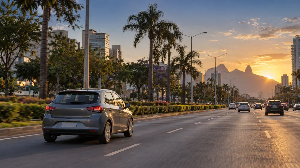 Auto de práctica avanzando por una avenida con camellón arbolado al atardecer