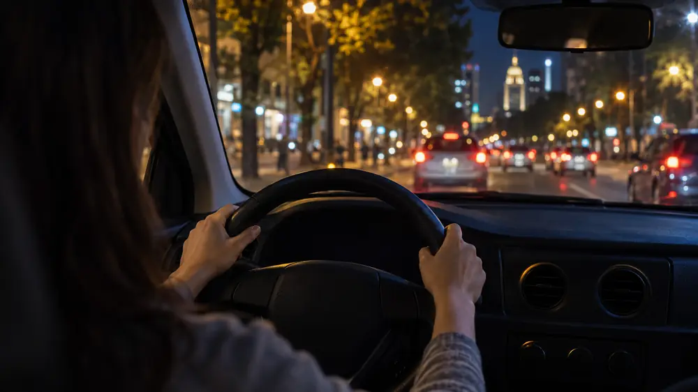 Interior de un auto de práctica de noche con el tablero iluminado y las luces de la ciudad