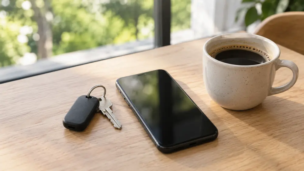 Llaves de auto y un celular sobre una mesa de madera para contactar a una escuela de manejo