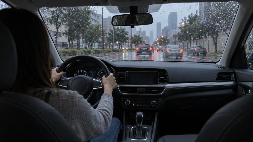 Interior de un auto de práctica automático con lluvia sobre el parabrisas durante una clase de manejo