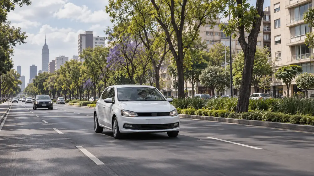 Auto de práctica en una avenida arbolada de la Ciudad de México
