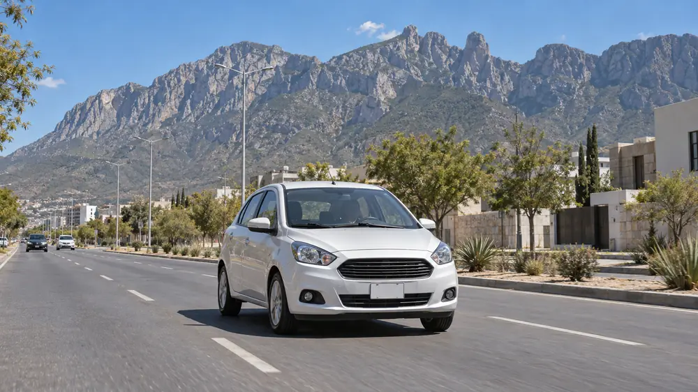 Auto de práctica en una avenida del norte de México con cerros de roca al fondo