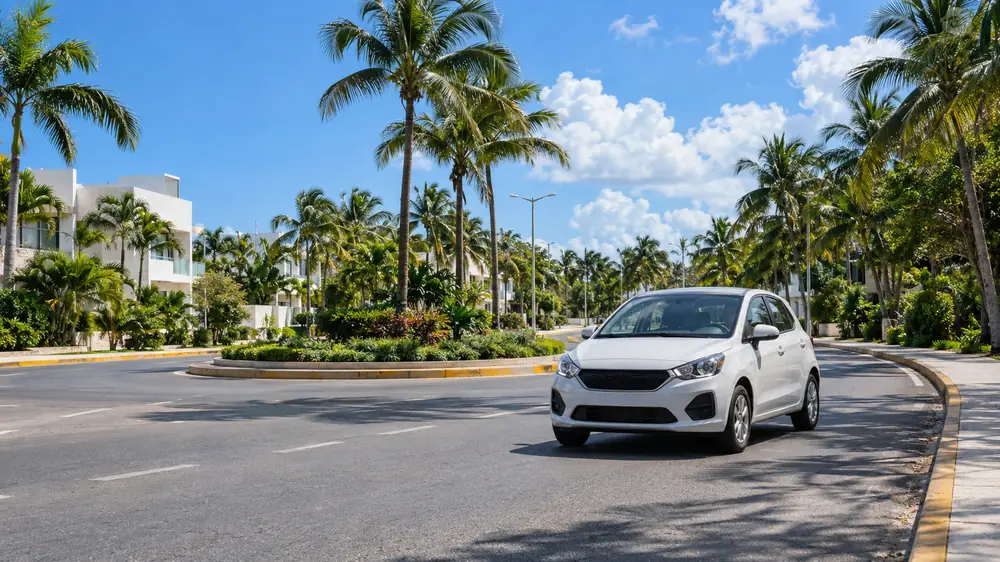 Auto de práctica en una avenida del Caribe mexicano con palmeras