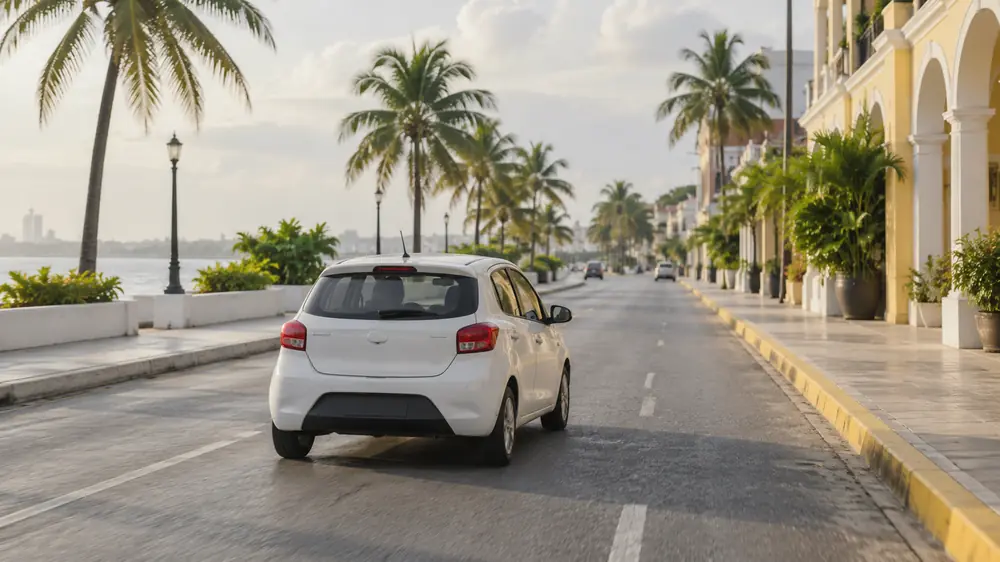 Auto de práctica en un bulevar del Golfo de México con palmeras y portales
