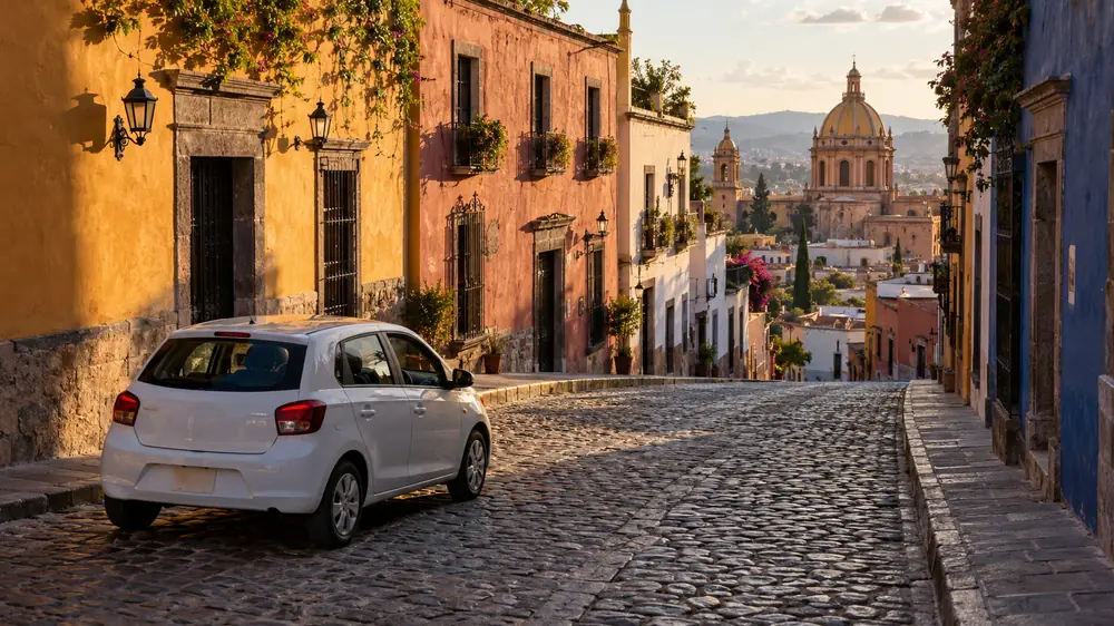 Auto de práctica en una calle empedrada de una ciudad colonial del Bajío