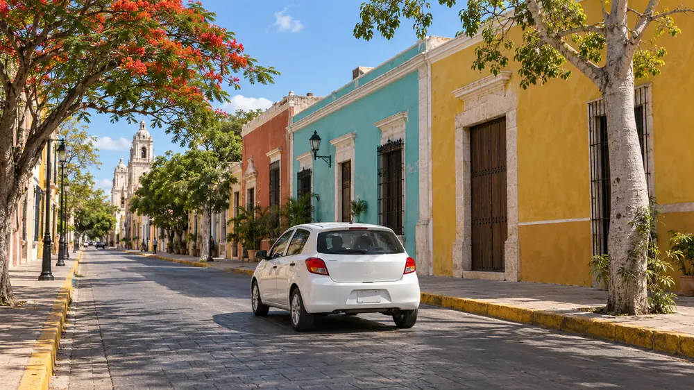 Auto de práctica en una calle colonial de Mérida, Yucatán, con casonas de colores