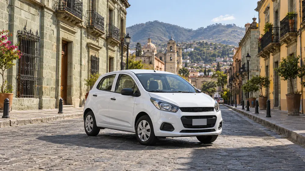 Auto de práctica en una calle del sur de México con edificios de cantera verde