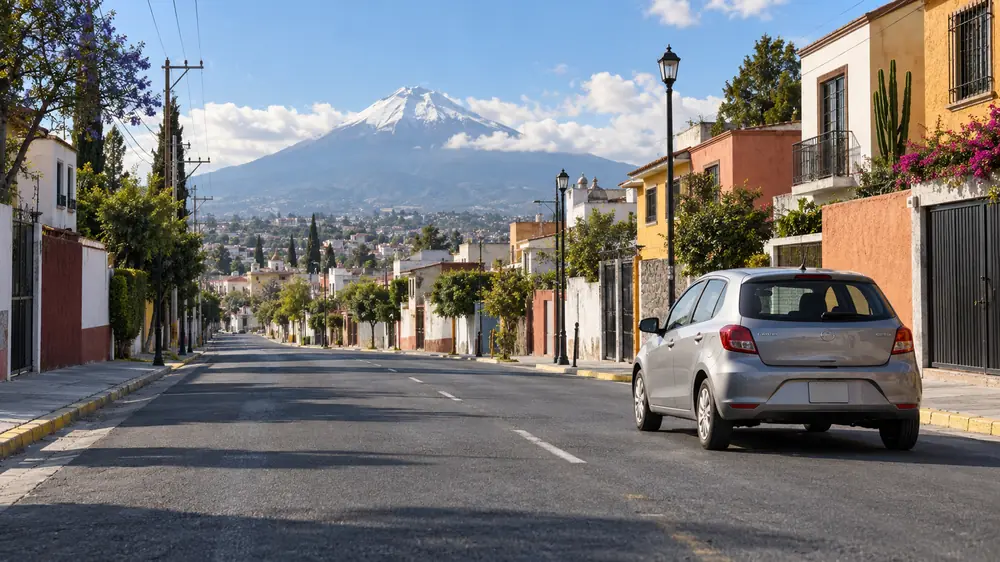 Auto de práctica en una calle del centro de México con un volcán al fondo
