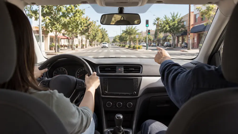 Instructor de manejo señalando un cruce de avenida desde el asiento del copiloto