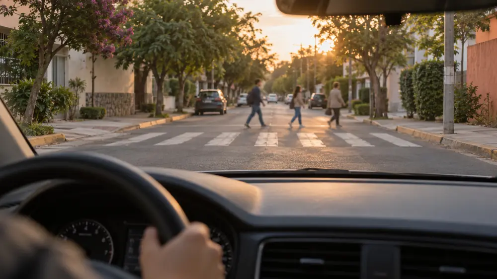 Peatones cruzando un paso tipo cebra visto desde el auto de práctica durante una clase de manejo