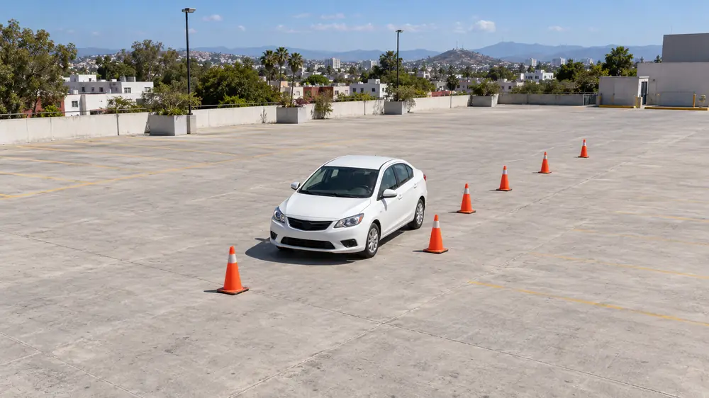 Auto de práctica rodeando conos de slalom en un estacionamiento vacío visto desde arriba