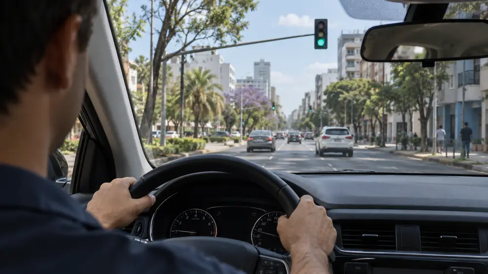 Semáforo en verde sobre una avenida visto desde un auto de práctica